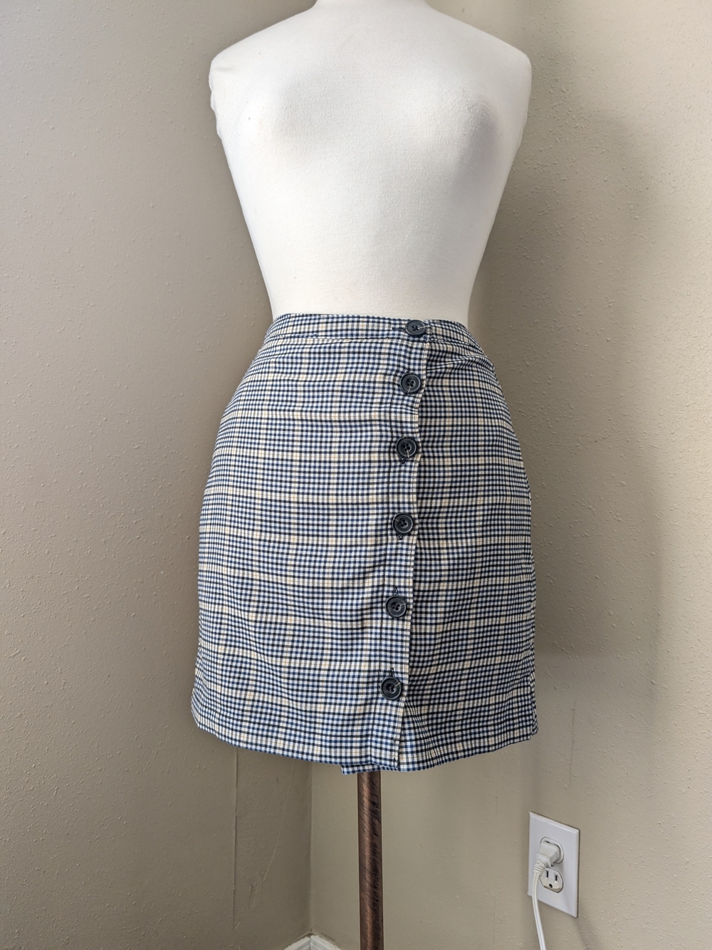 Abercrombie & Fitch Navy and White Checked Button-Front Mini Skirt